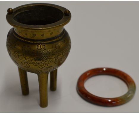 A CHINESE JADE BANGLE, TOGETHER WITH A VINTAGE CHINESE BRASS CENSER     