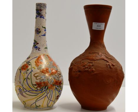 12¼" LATE 19TH CENTURY CHINESE TERRACOTTA POTTERY VASE DECORATED WITH A DRAGON IN RELIEF, TOGETHER WITH A 12½" DECORATIVE JAP