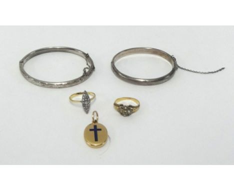 A diamond set 18ct gold and platinum ring, an antique seed pearl and emerald set ring, an enamelled locket and two small silv
