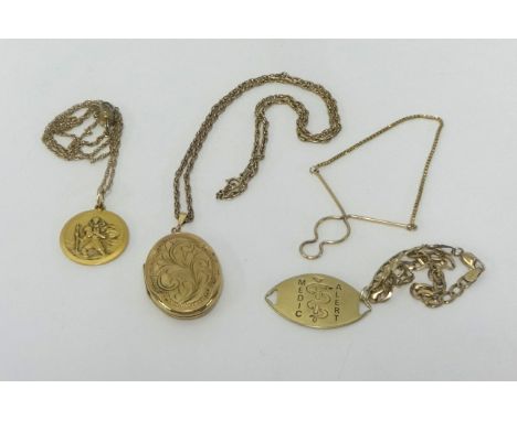 A 9ct gold tie chain, other gold chains, pendant and locks, approx 36gms.