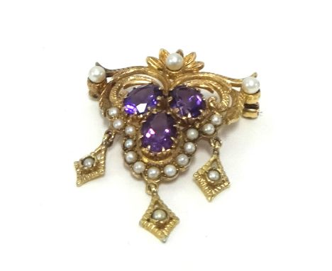 Antique 9ct Amethyst and pearl ornate pendant/ brooch.