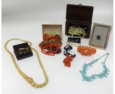 A 9ct antique gold and seed pearl bar brooch, a seed pearl and coral set brooch, loose stones, carved coral necklace etc.