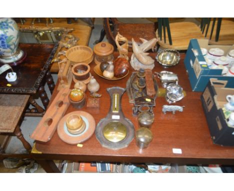 A quantity of various wooden ware to include a dolphin ornament, barometer, giraffes, a  quantity of silver platedware and a 