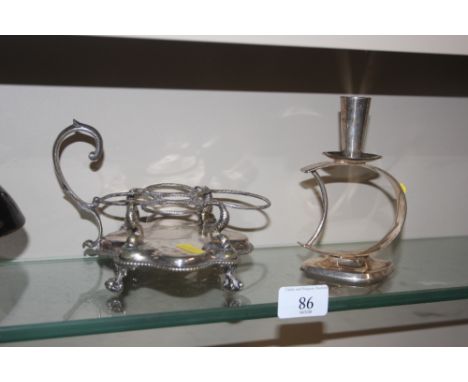 A silver plated cruet stand, and a Danish white metal candle stick 