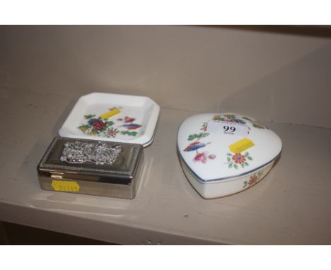 A Wedgwood "Cuckoo" heart shaped trinket box and cover, matching pin dish, and a small plated box with rose decoration 