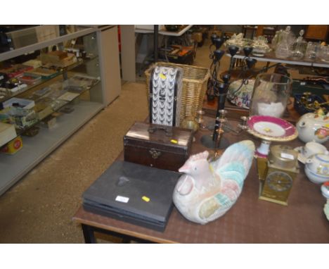 A 19th Century tea caddy; a three branch silver plated candelabra; a wicker basket etc.