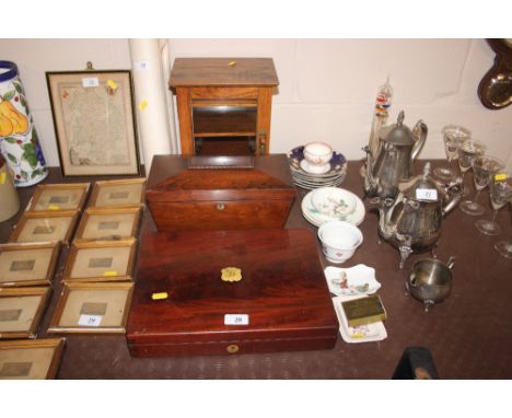 A mahogany and brass inlaid cutlery box; a Victorian rosewood sarcophagus shaped tea caddy; and an oak smokers cabinet