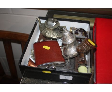 A box of small metal items to include a hip flask 