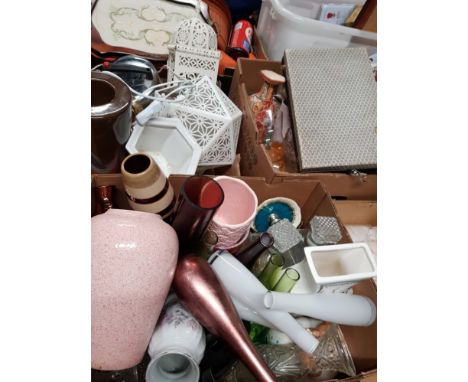 3 BOXES OF ASSORTED WARE INC COLOURED GLASS VASES LAMP ETC