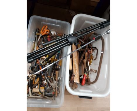2 BOXES OF ASSORTED TOOLS INC BOW SAW ETC