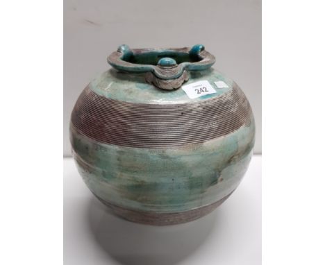 PIECE OF DRYMEN STUDIO POTTERY PROBABLY ALICE MACFARLANE LARGE TURQUOISE AND SILVER GLAZED JAR WITH CELTIC STYLE RIM AND TWIN