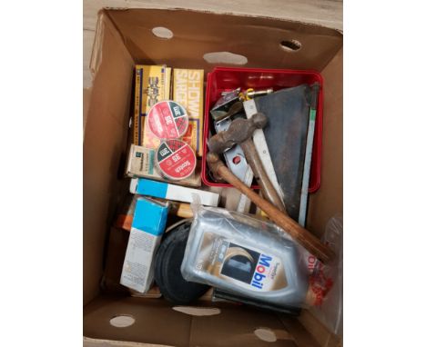 A BOX OF ASSORTED TOOLS INC HAMMERS ETC