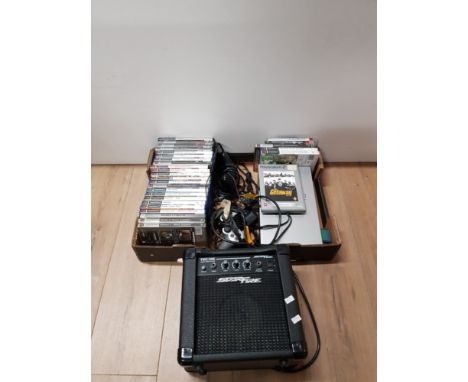 A BOX CONTAINING A PLAYSTATION 2 WITH ASSORTED GAMES AND A STAR FIRE TEC10E AMPLIFIER