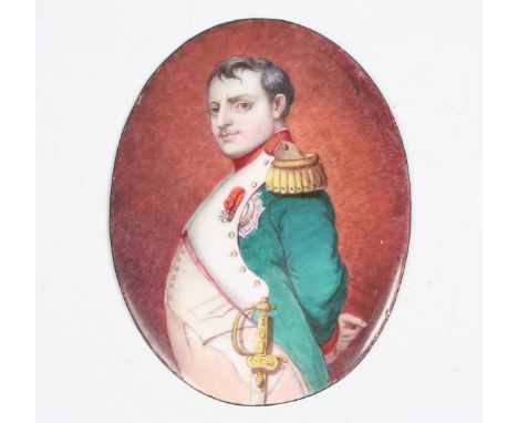 An early 20th century French enamel oval portrait panel depicting a half-length portrait of Napoleon Bonaparte, 12.7cm x 9.5c