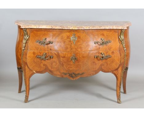 A 20th century Louis XV style kingwood and floral inlaid two-drawer commode of bombé form, the marble top above overall gilt 