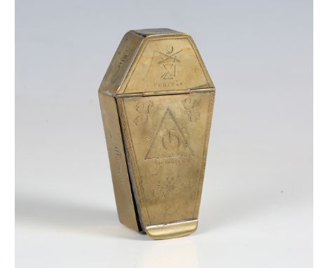 A late 18th/early 19th century brass snuff box in the form of a coffin, the lid and sides engraved with initials and Latin te