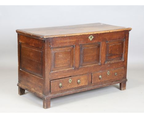 An 18th century oak chest, the hinged lid above a triple-panel front, fitted with two drawers, height 72cm, width 118cm, dept