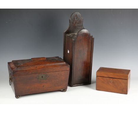A Regency mahogany tea caddy with pressed brass cornucopia handle plates, width 32cm, together with a George III mahogany tea
