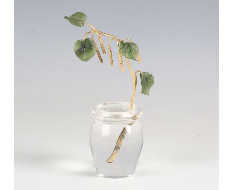 A Fabergé style gold, jade and rock crystal study of catkins, the gold textured stem with carved jade leaves, in a rock cryst