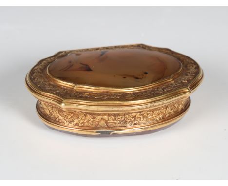 An 18th century gold and agate snuff box of cartouche form, the borders and sides chased with birds, foliage and hunting dogs