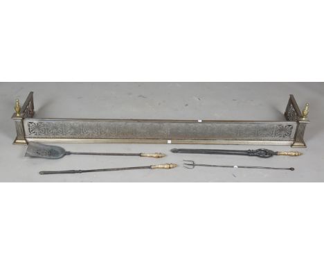 A set of three Regency steel fire tools with cast brass acanthus leaf handles, length of shovel 74cm, together with a George 
