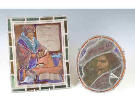 A late 19th/early 20th century stained and leaded glass panel depicting Erasmus, 30cm x 24cm, together with another stained g