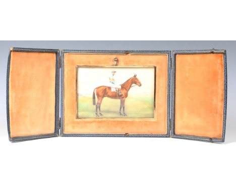 An early 20th century overpainted print of Golden Miller, the most successful Cheltenham Gold Cup horse, mounted within a gol