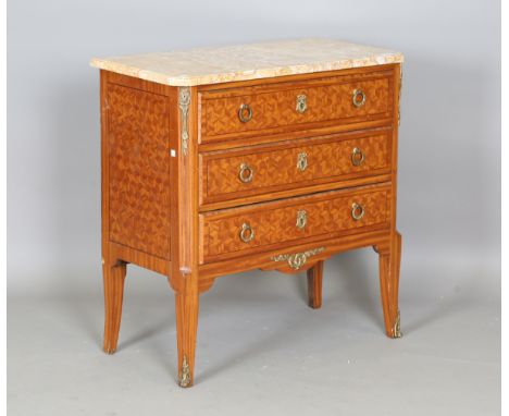 An early 20th century French kingwood parquetry commode with a marble top and gilt metal mounts, height 85cm, width 80cm, dep