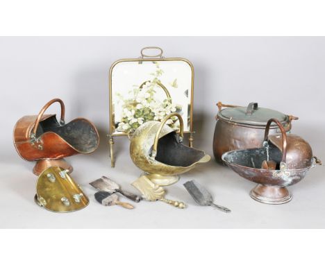 A group of mainly Victorian copper and brass fireside items, including an oval log bin, width 50cm, three coal scuttles, five