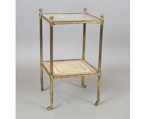 A mid-20th century gilt brass and parcel gilded two-tier étagère, the top inset with a glazed panel of mother-of-pearl, heigh