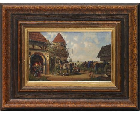 Mittelstaedt (20. Jh.) Beim Hufschmied. Öl/Holz, re. u. etwas unleserlich sign. "Mittelstädt" oder ähnlich. 25x 24 cm. R.