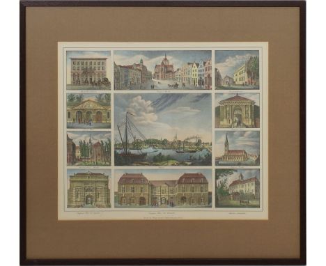 Kolorierte Lithographie (Ende 19. Jh.) Blatt mit 11 Ansichten aus und um Wesel. Unter der Darstellung bez. "Druck der lithogr