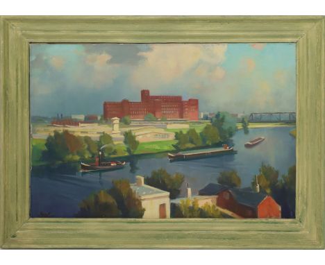 Jost, Georg (Berliner Maler, 20. Jh.) "Blick von der Brücke Fürstenbrunner Weg", so rückseitig auf Keilrahmen betitelt. Öl/Lw