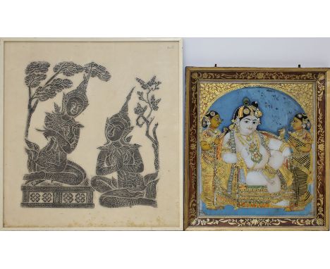 Indische Hinterglasmalerei "Tanjore". Sitzende mit 2 Dienerinnen. D. 40x 34 cm. R. Ca. 1900. Beigegeben: Gerahmter, indonesis