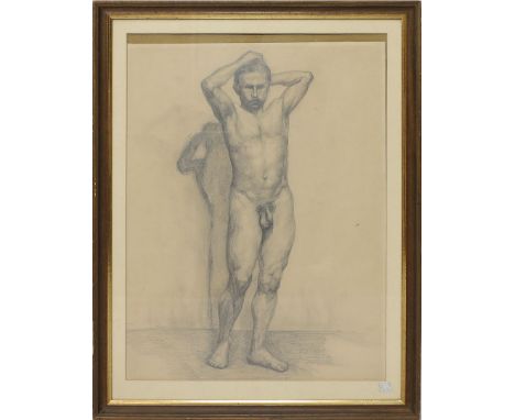 Unbekannter Maler (19. Jh./um 1900) Stehender Männerakt. Bleistiftzeichnung/Papier (Randmängel, Altersspuren), re. u. undeutl