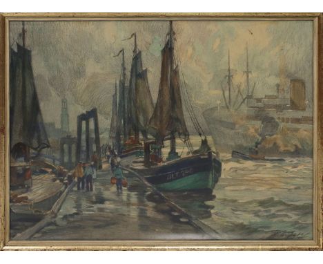 Unbekannter Maler (20. Jh.) Wohl Hamburger Hafen mit Fischerbooten und Dampfer am Kai. Mischtechnik, re. u. unleserlich sign.