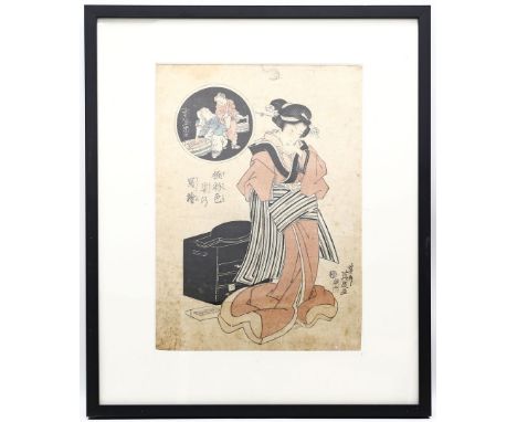 Eishi, Hosoda (1756 Japan 1829), wohl Dame. Farbholzschnitt (besch.). Kalligraphisch bez. und Siegelmarken. 38,5x 26,5 cm. PP