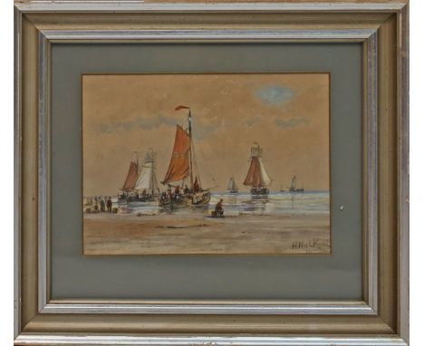 Hulk, Hendrik (1842 Amsterdam - Haarlem 1937) Mit ihren Kuttern in See stechende Fischer am Strand. Aquarell, re. u. sign. un