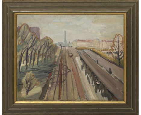 Unbekannter Maler (20. Jh.) Berlin mit Bahnstrecke, verso betitelt "...(Bhf. Schmargendorf)". Öl/Karton. 40x 47 cm. R.