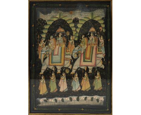 Indische Tuschmalerei. Festzug. Tusche/Stoff. D. 106x 77 cm. R.