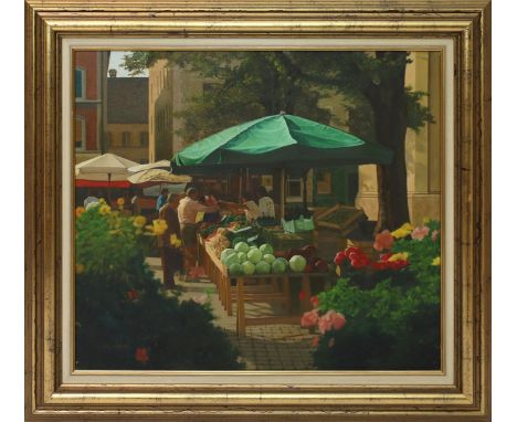 Furrer, Franz (20. Jh.) Blick auf Marktstand mit zahlreichen Personen. Öl/Lwd., li. u. sign. Ca. 70x 80 cm. R.