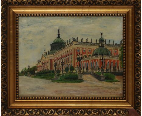 Unbekannter Maler (um 1928) Ansicht des Neuen Palais in Potsdam. Öl/Karton, re. u. unleserlich sign. und dat. 1928. Ca. 31,5x