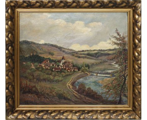 Unbekannter Maler (20. Jh.) Mittelgebirgslandschaft mit Kleinstadt neben Flusslauf. Öl/Lwd., li. u. unleserlich sign. Ca. 68x