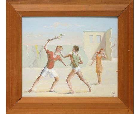 Faini, Fausto (geb. 1955 in Florenz) "Un pomeriggio déstate" (ein Sommernachmittag), so verso betitelt. Öl/Holz, u. monog. "F