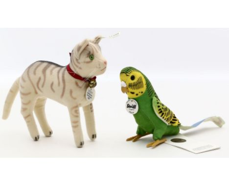 Katze und Wellensittich, Steiff. Verschiedene Ausführungen. Je mit K, F und S. Unbespielt. H. 14 bzw. 10 cm.