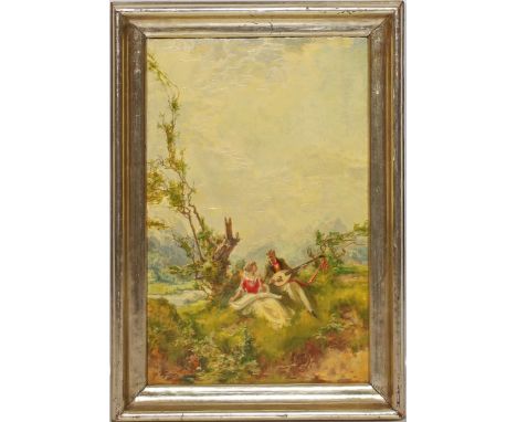 Eyer, Gustav (1887 Mollkirch - München 1946) Sommerlandschaft mit musizierendem Paar auf Anhöhe. Öl/Karton, li. u. sign. und 