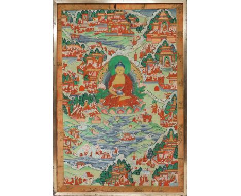 Thangka. Buddhistische Gottheiten in Landschaft. Gouache/Stoff (Knicke, Kratzer). D. 86x 56 cm. R.