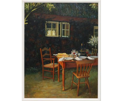 Dahm, Hans (20. Jh.) Gedeckter Tisch vor Gehöft. Öl/Lwd., re. u. sign. 100x 80 cm. R.