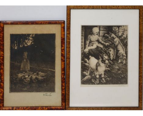 Küsel, Ernst Nikolaus (1873 Nacka/Schweden 1942) Vor Stall sitzende Ziegenhirtin mit 2 Ziegen. Radierung, re. u. mit Bleistif