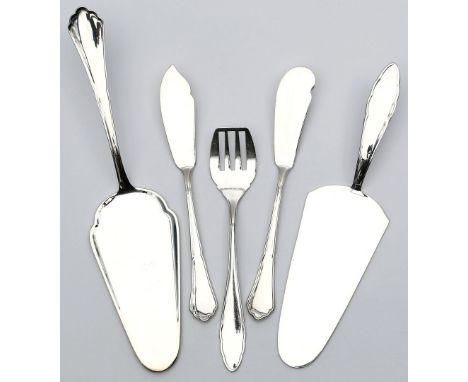 5 Teile Vorlegebesteck im Chippendale-Stil. 800/000 Silber, 221 g. Konischer, leicht geschweifter Griff mit profiliertem Rand